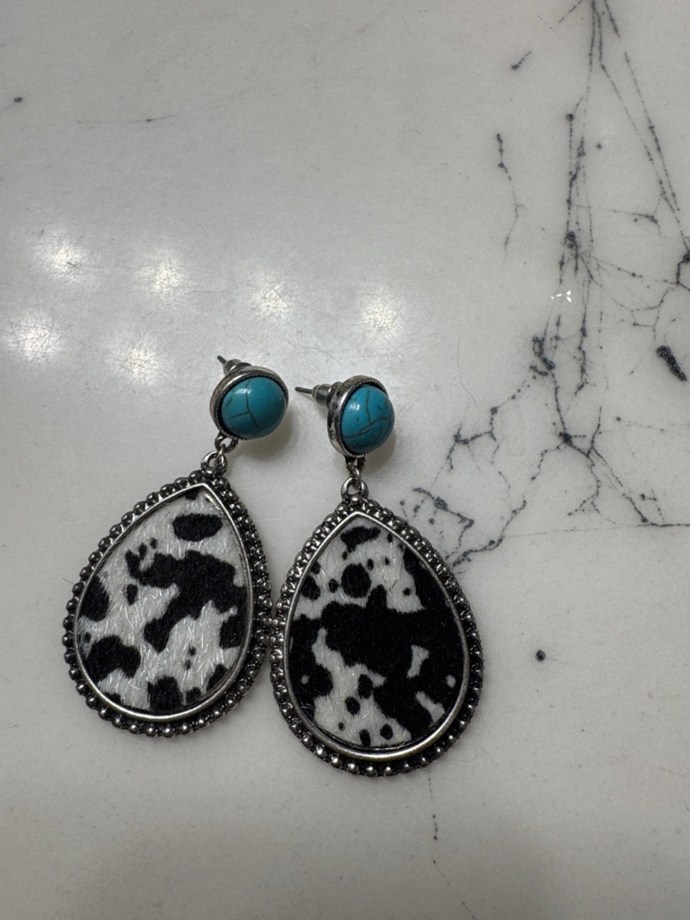 Turquoise Stud & Black-White Teardrop Dangle Earrings - Women Jewelry